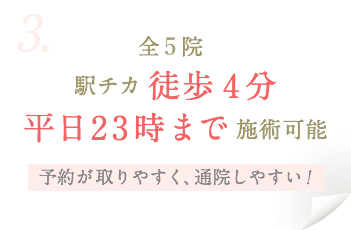 全4院 駅チカ徒歩4分平日23時まで施術可能